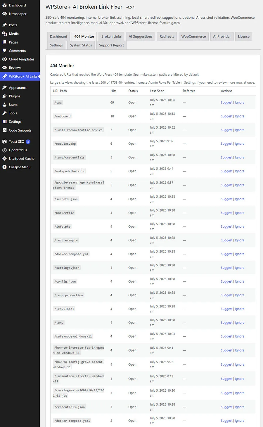 ระบบติดตาม 404 ที่แสดงรายการ URL ที่เสียและจำนวนครั้งที่เข้าชม