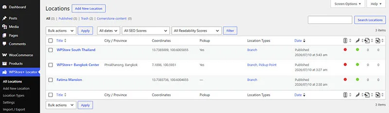 หน้าการตั้งค่าของ WPStore+ Branch & Pickup Locator ซึ่งแสดงตัวเลือกเกี่ยวกับรูปแบบแผนที่และจุดรับสินค้า
