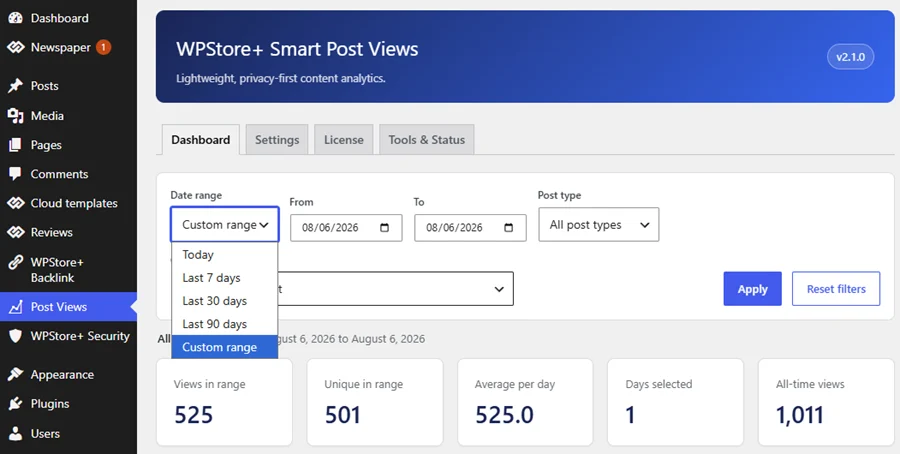 แดชบอร์ดวิเคราะห์ข้อมูลสำหรับ WordPress ที่มาพร้อมระบบควบคุมช่วงเวลาและกราฟแสดงแนวโน้มผู้เข้าชมย้อนหลัง 7 วัน ซึ่งสามารถกรองข้อมูลตามประเภทเนื้อหาได้