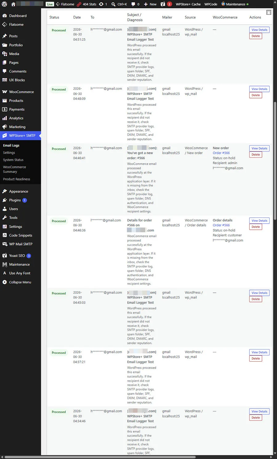 มุมมองรายละเอียดบันทึกอีเมลใน WPStore+ SMTP Email Logger ซึ่งแสดงข้อมูลเมตาของอีเมล คำแนะนำในการแก้ไขปัญหา และบริบทของ WooCommerce