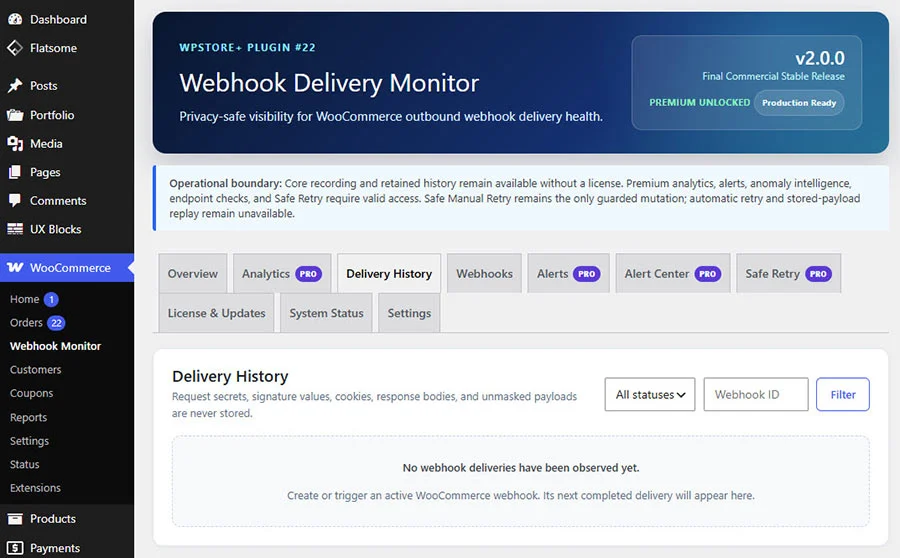 หน้าประวัติ Delivery History สำหรับตรวจสอบการส่ง Webhook ของ WooCommerce พร้อมตัวกรองสถานะและช่องค้นหา Webhook ID