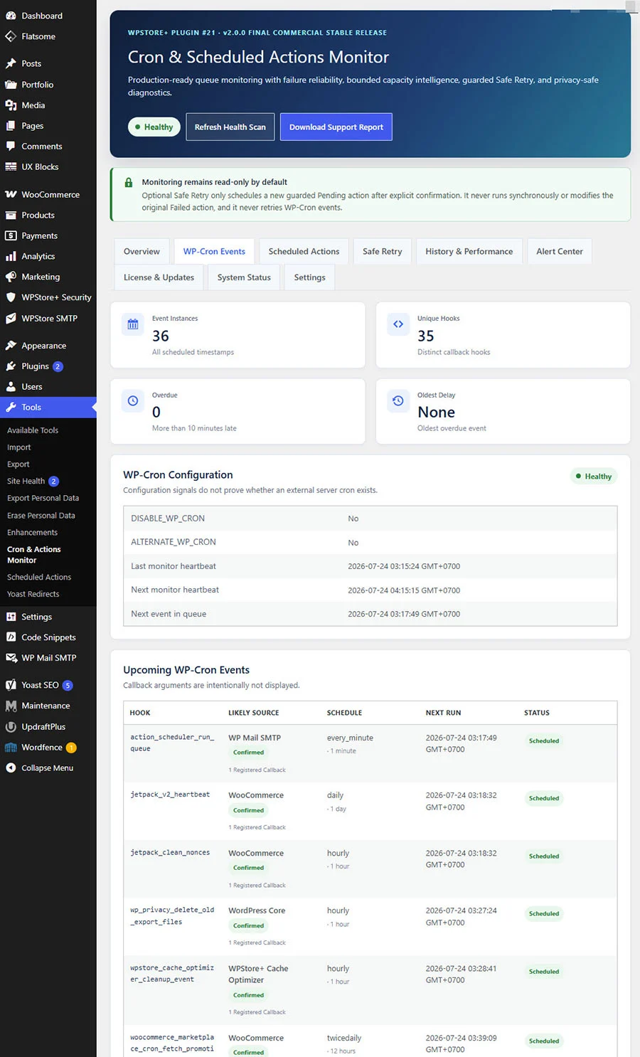 หน้ารายการ WP-Cron Events แสดง Scheduled Hooks เวลาทำงานและสถานะงานที่เกินกำหนด