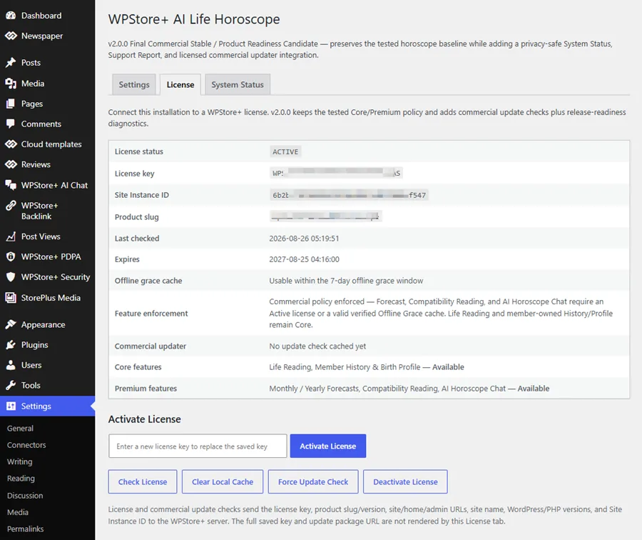 หน้าจัดการ License ปลั๊กอิน WPStore+ AI Life Horoscope แสดงสถานะ Active และสิทธิ์ใช้งานฟีเจอร์ Premium บน WordPress