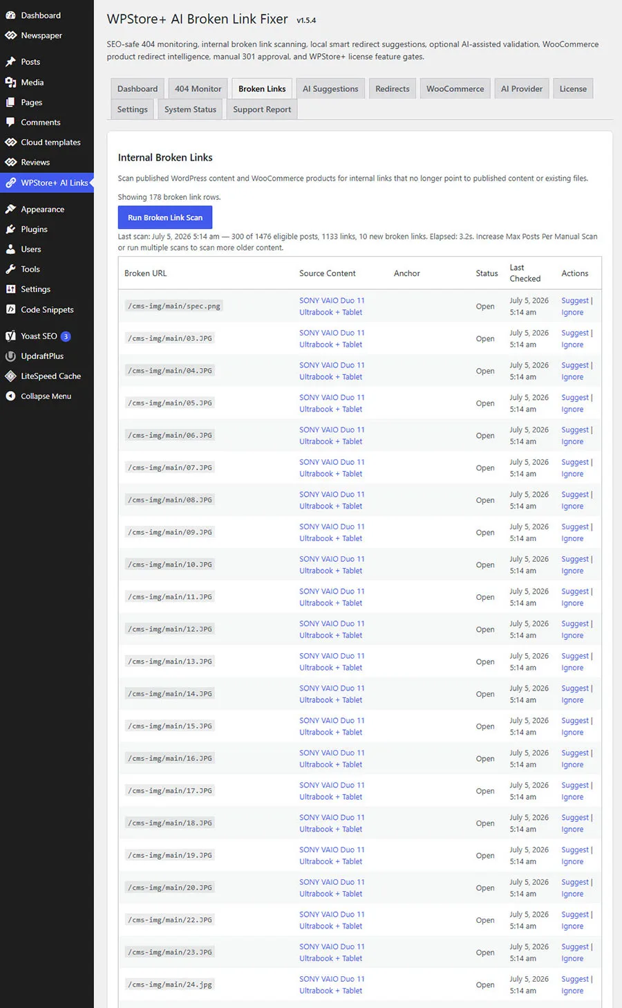 ผลการสแกนลิงก์ภายในที่เสียใน WordPress