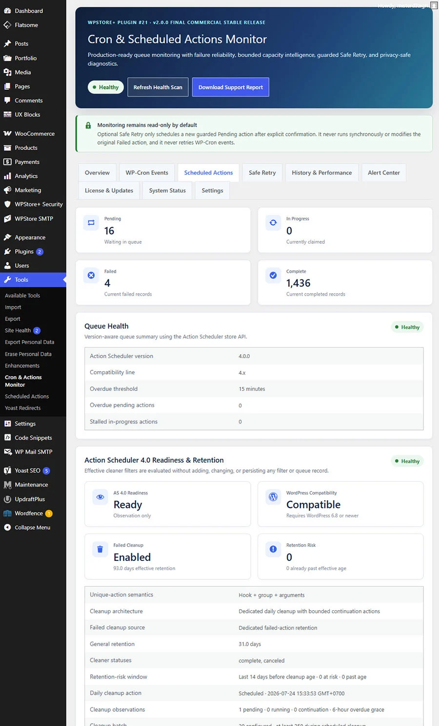 หน้าตรวจสอบ Scheduled Actions แสดงจำนวนงาน Pending Failed Complete และ Queue Health