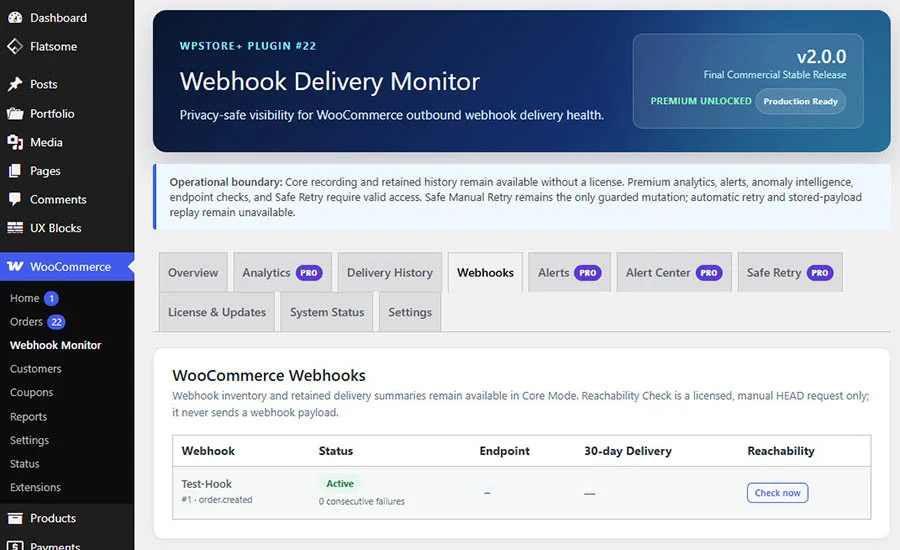 หน้า WooCommerce Webhooks แสดงรายการ Test-Hook สถานะ Active ข้อมูล Endpoint และปุ่ม Check now สำหรับตรวจสอบปลายทาง