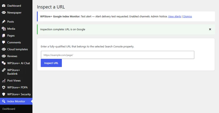 หน้าจอการตรวจสอบ URL ของ Google ใน WordPress ซึ่งแสดงผลลัพธ์การจัดทำดัชนี, ขอบเขตการครอบคลุม, URL หลัก (Canonical), สถานะการดึงข้อมูล, สถานะ robots และการรวบรวมข้อมูลครั้งล่าสุด
