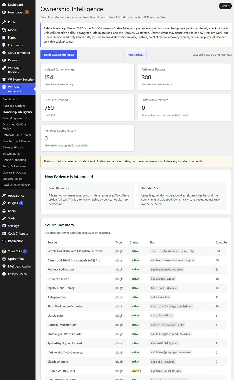 แดชบอร์ด Ownership Intelligence แสดงปลั๊กอินและธีมที่จัดทำดัชนี การอ้างอิงตัวเลือกที่แน่นอน สถานะเจ้าของ ความน่าเชื่อถือ และประวัติแหล่งที่มาที่ถูกลบ