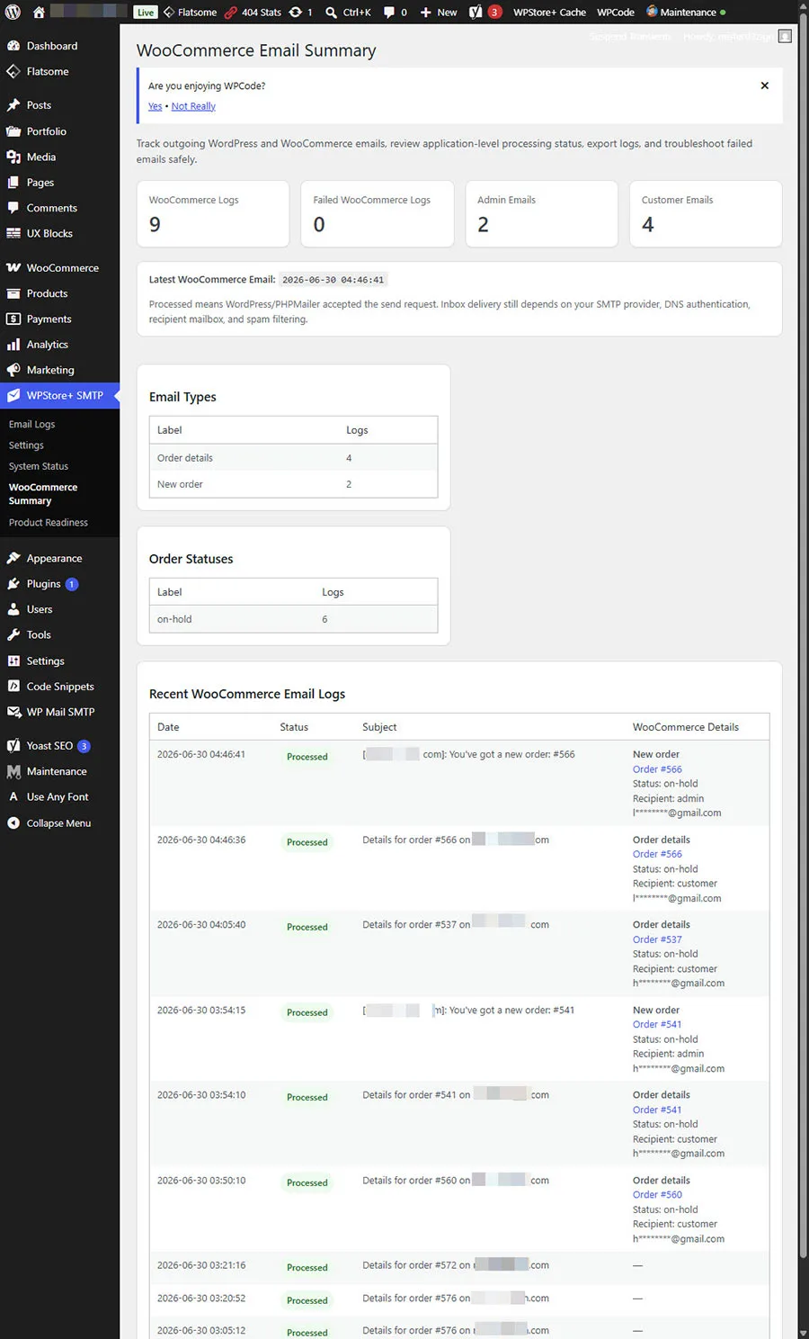 หน้า WooCommerce Summary แสดงข้อมูลกิจกรรมอีเมล, ประเภทอีเมล, สถานะคำสั่งซื้อ และบันทึกอีเมลล่าสุดของ WooCommerce