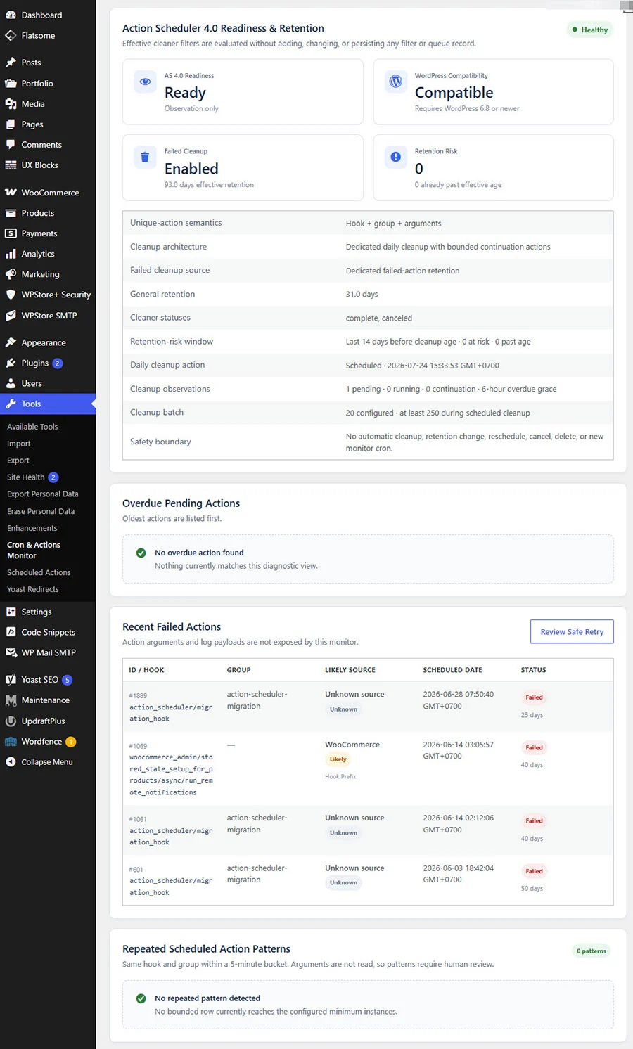 หน้าตรวจสอบ Action Scheduler 4.0 แสดงความเข้ากันได้ ระยะเวลาเก็บข้อมูล และรายการ Failed Actions