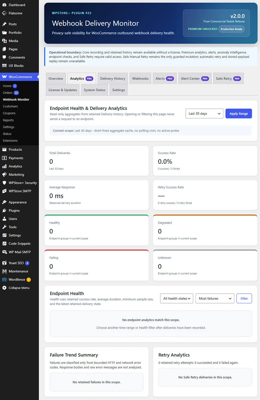 Dashboard วิเคราะห์ Endpoint Health แสดง Total Deliveries, Success Rate, Average Response, Retry Analytics และสถานะ Healthy, Degraded, Failing