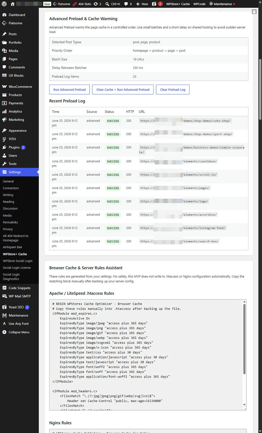 หน้าจอ WPStore+ Cache Optimizer ที่แสดงเครื่องมือช่วยตั้งค่า Lazy Load, Compatibility Center, การเชื่อมต่อกับ WooCommerce และ Flatsome ที่ตรวจพบ รวมถึงคำแนะนำเกี่ยวกับกฎการทำแคช