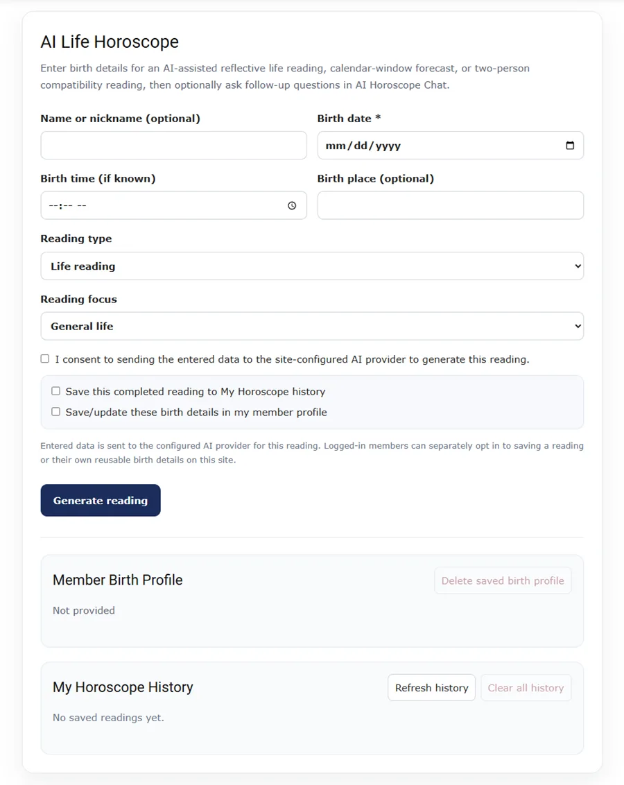 แบบฟอร์มดูดวง AI บน WordPress สำหรับกรอกวันเดือนปีเกิด เวลาเกิด สถานที่เกิด และเลือกหัวข้อวิเคราะห์ดวงชะตา