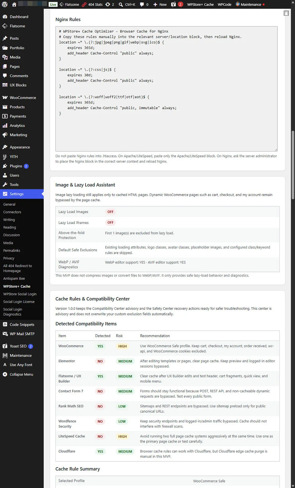หน้าจอตั้งค่ากฎการแคชของ WPStore+ Cache Optimizer ซึ่งแสดงรายการ URL ที่แนะนำให้ยกเว้นจากการแคช, คุกกี้ของ WooCommerce ที่แนะนำให้ยกเว้น, คำเตือนเรื่องความเข้ากันได้ และรายการตรวจสอบความปลอดภัยสำหรับ WooCommerce