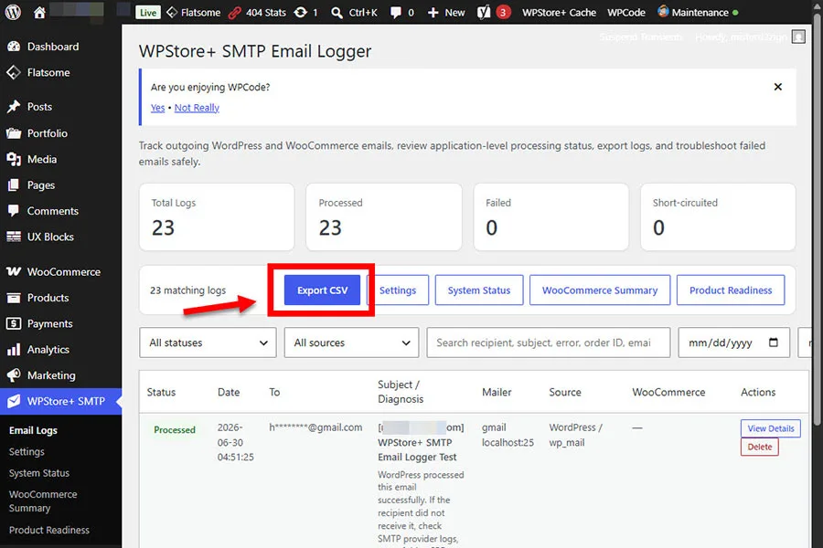 หน้า Email Logs แสดงตัวเลือกการกรองและตัวเลือก Export CSV สำหรับส่งออกบันทึกอีเมลของ WordPress และ WooCommerce