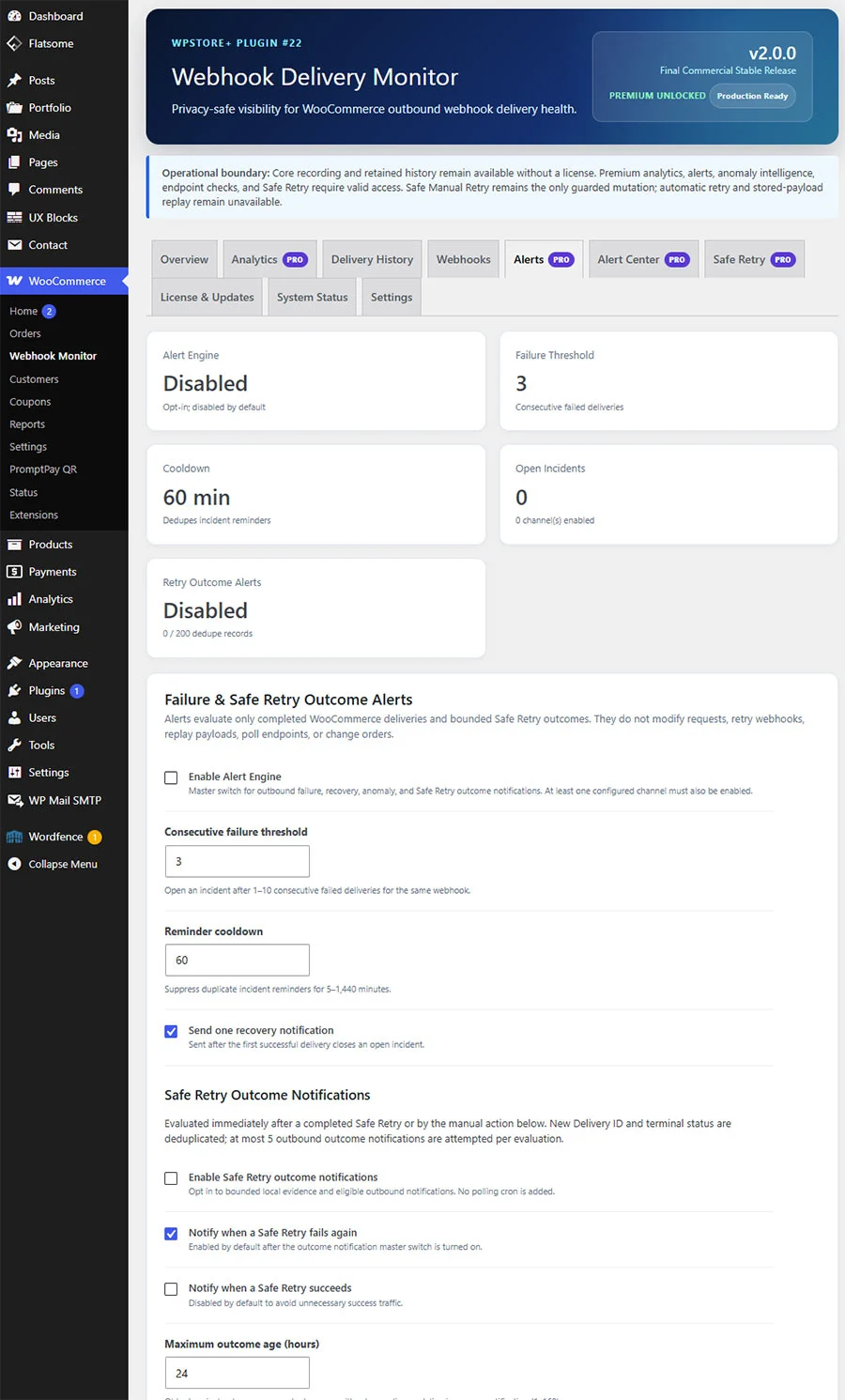 หน้าตั้งค่า Alerts ของ Webhook Delivery Monitor แสดง Enable Alert Engine ค่า Failure Threshold 3 ครั้ง Cooldown 60 นาที และตัวเลือกแจ้งผล Safe Retry