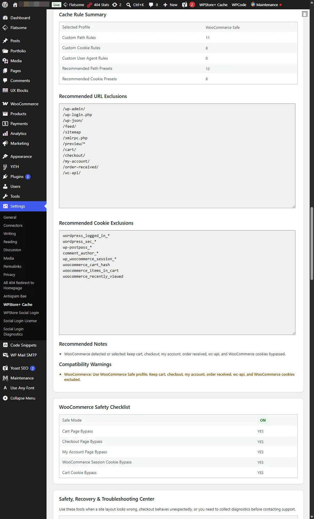 เครื่องมือความปลอดภัยและการกู้คืนของ WPStore+ Cache Optimizer แสดงโหมดปลอดภัยฉุกเฉิน โหมดวินิจฉัย ภาพรวมการดีบัก เครื่องมือทดสอบการข้ามแคช และการตั้งค่าแคชของหน้าเว็บ
