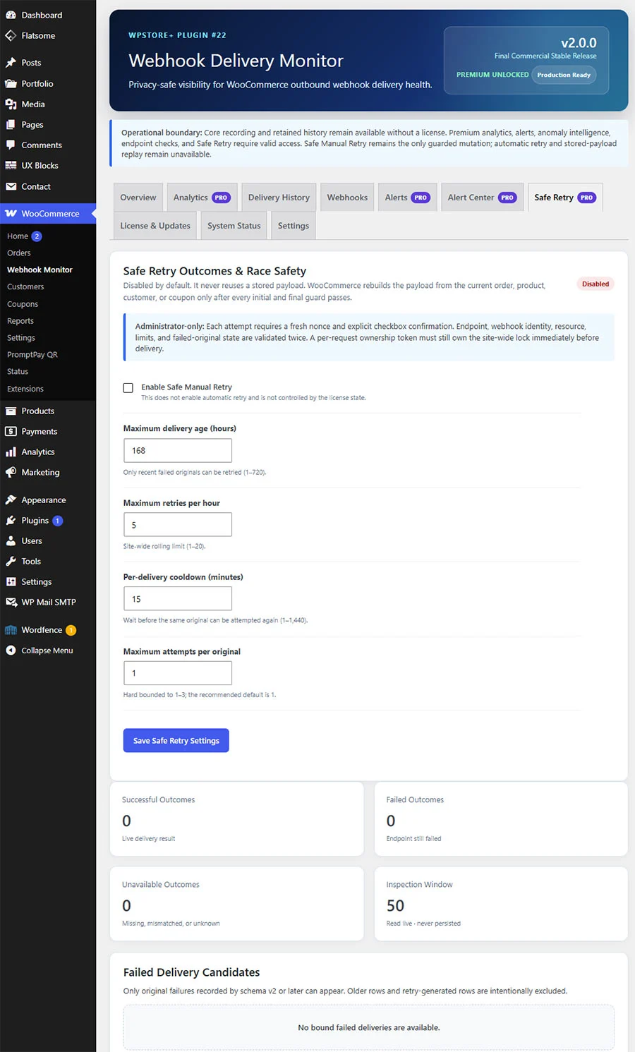 หน้าตั้งค่า Safe Manual Retry แสดงตัวเลือกเปิดใช้งานการส่ง Webhook ซ้ำด้วยตนเอง พร้อมจำกัดจำนวนครั้ง อายุรายการ และช่วงเวลา Cooldown