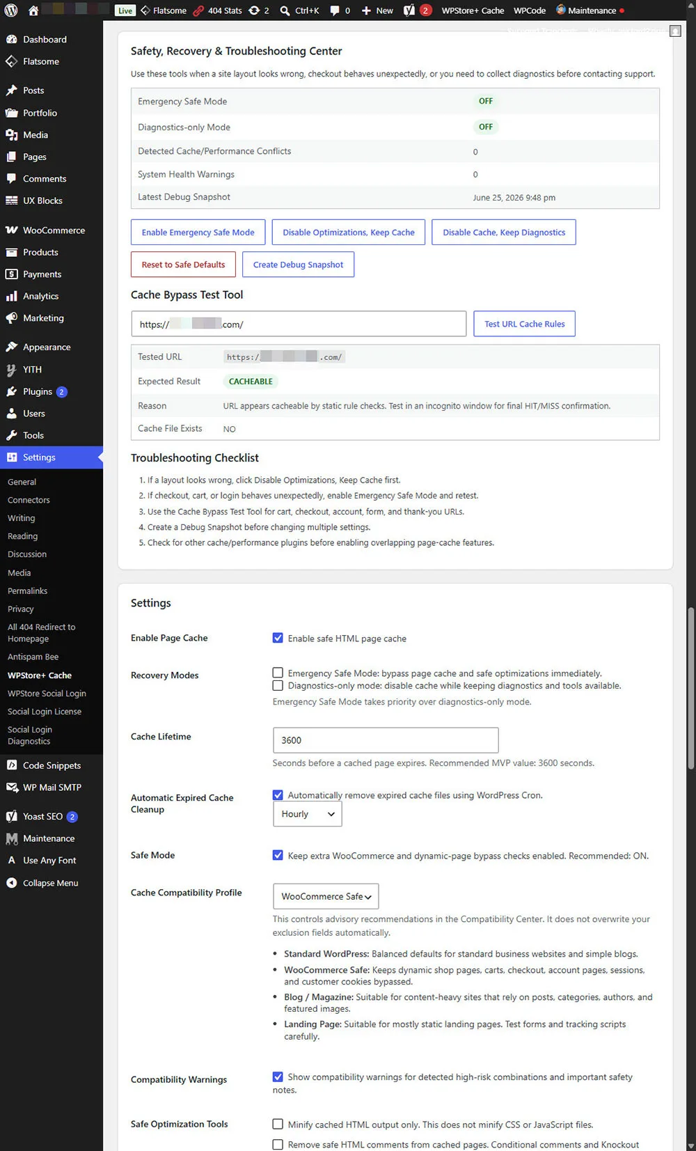 หน้าจอการตั้งค่า WPStore+ Cache Optimizer ที่แสดงเครื่องมือปรับแต่งที่ปลอดภัย, การตั้งค่า Lazy Load สำหรับรูปภาพ, ระยะเวลาการเก็บแคชในเบราว์เซอร์, ขีดจำกัดการ Preload และตัวเลือกการ Preload ขั้นสูง