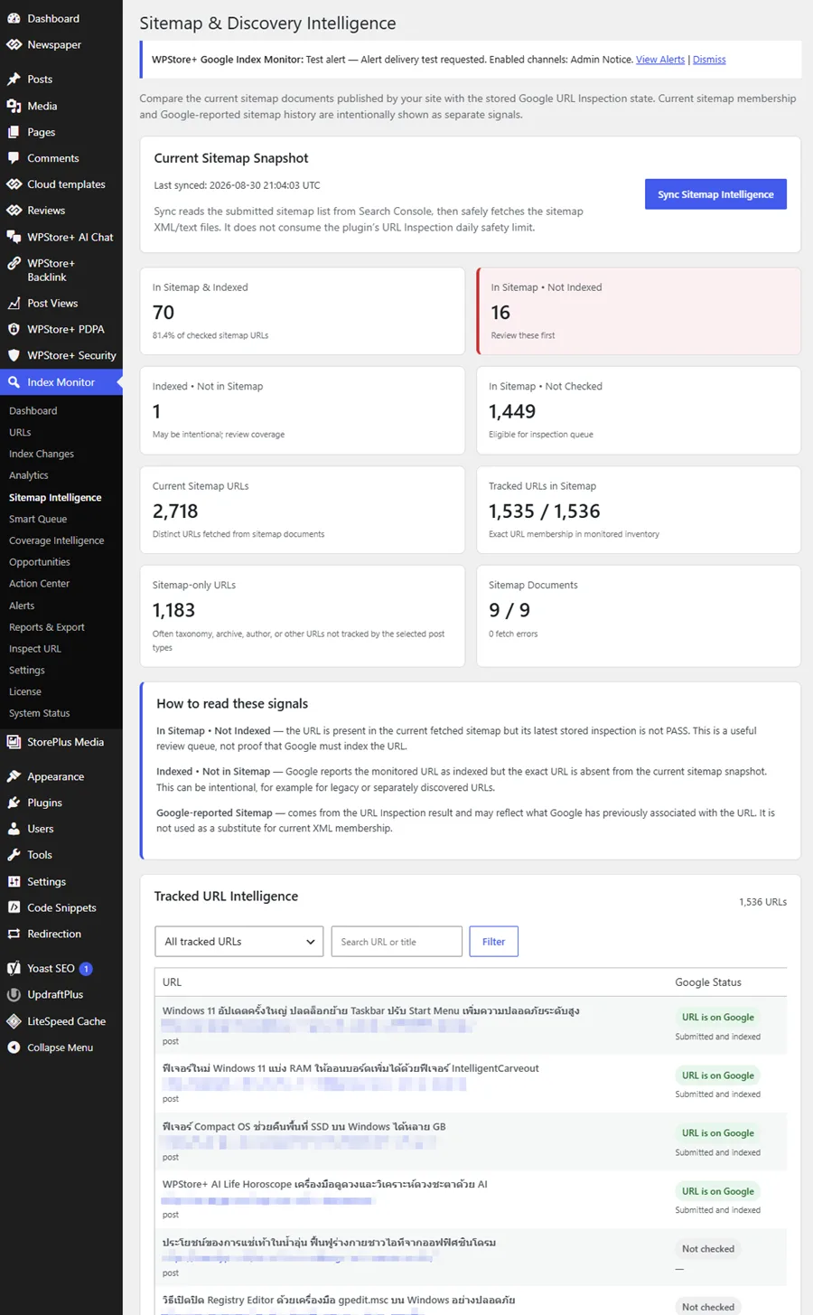 แดชบอร์ด Sitemap Intelligence เปรียบเทียบ URL ในแผนผังเว็บไซต์ปัจจุบันกับสถานะ URL ที่ Google จัดทำดัชนีแล้ว ยังไม่ได้จัดทำดัชนี และไม่ได้ตรวจสอบ