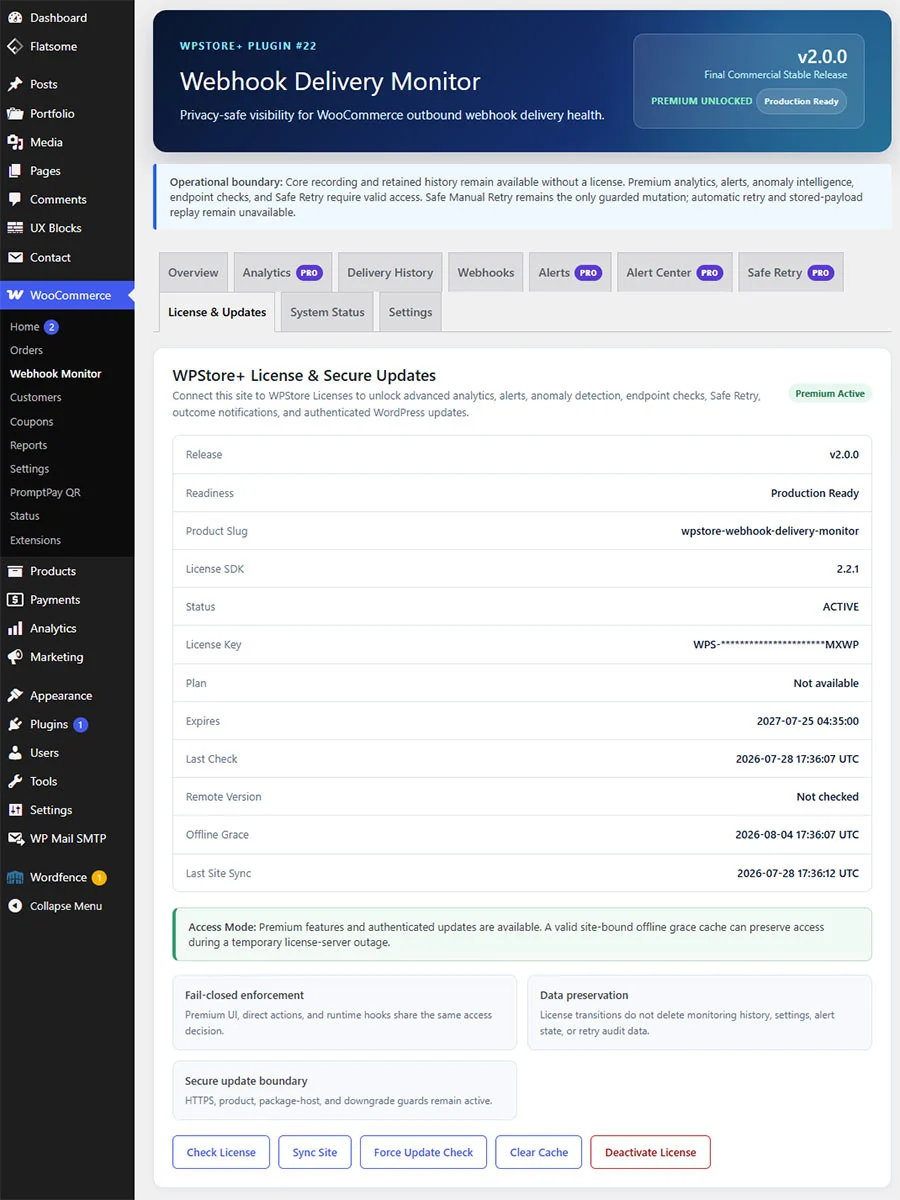 หน้า License & Updates ของ WPStore+ Webhook Delivery Monitor v2.0.0 แสดงสถานะ ACTIVE, Premium Active และปุ่มตรวจสอบ License กับการอัปเดต