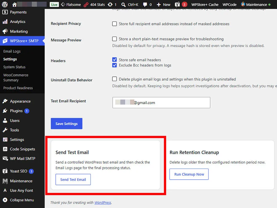 เครื่องมือ Send Test Email ของ WPStore+ SMTP Email Logger ออกแบบมาเพื่อทดสอบการบันทึกข้อมูลอีเมลขาออกจากหน้าแดชบอร์ดผู้ดูแลระบบของ WordPress