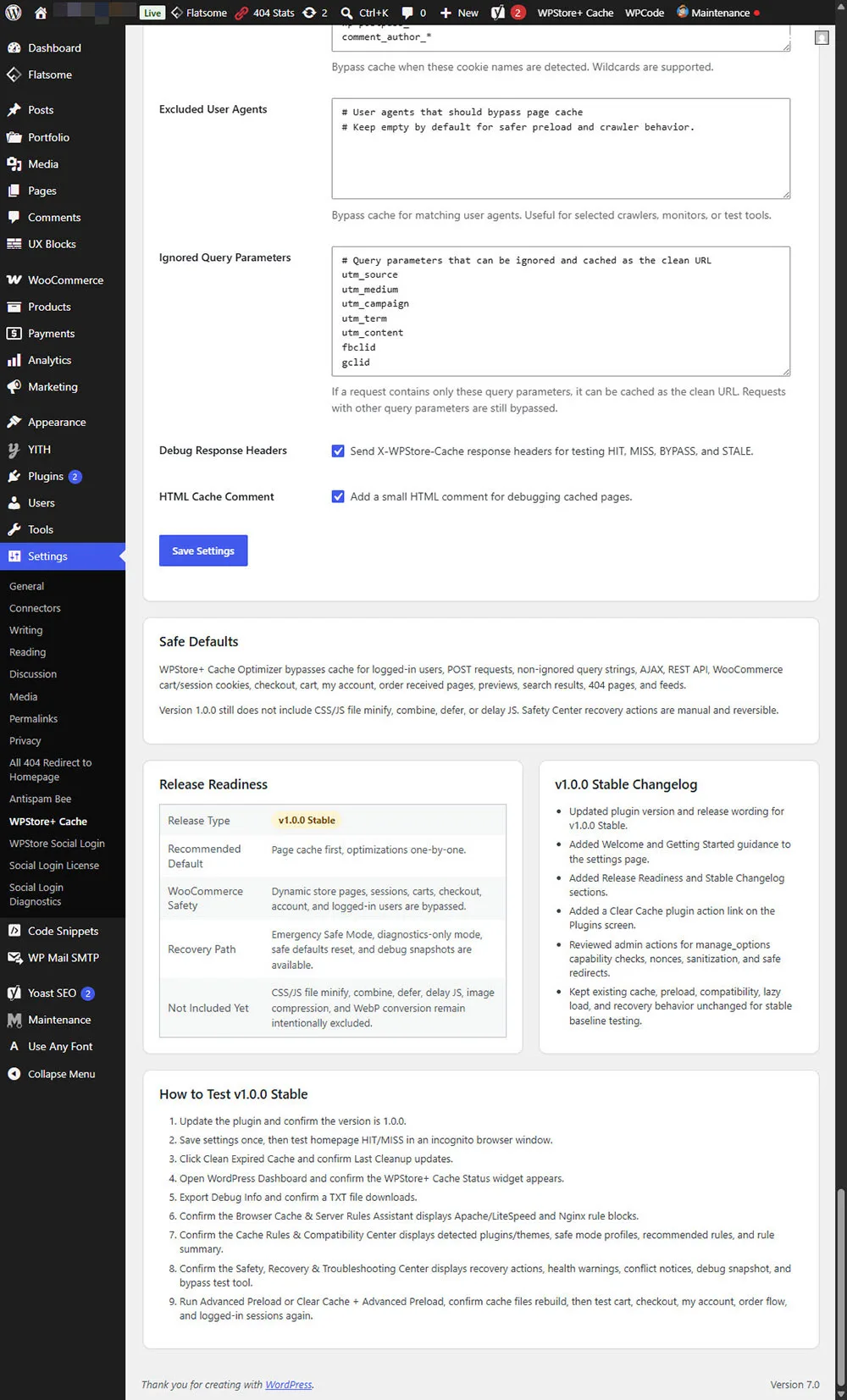 เมนูคำสั่งด่วนบนแถบผู้ดูแลระบบของ WPStore+ Cache Optimizer ซึ่งแสดงตัวเลือกสำหรับล้างแคช URL ปัจจุบัน ล้างแคชทั้งหมด และลิงก์ไปยังหน้าการตั้งค่า