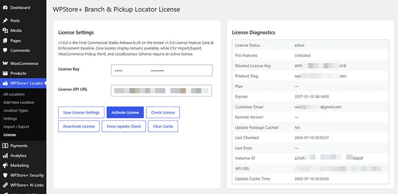 หน้าจัดการไลเซนส์ WPStore+ Branch & Pickup Locator พร้อมฟังก์ชันการเปิดใช้งานและการวินิจฉัยปัญหา