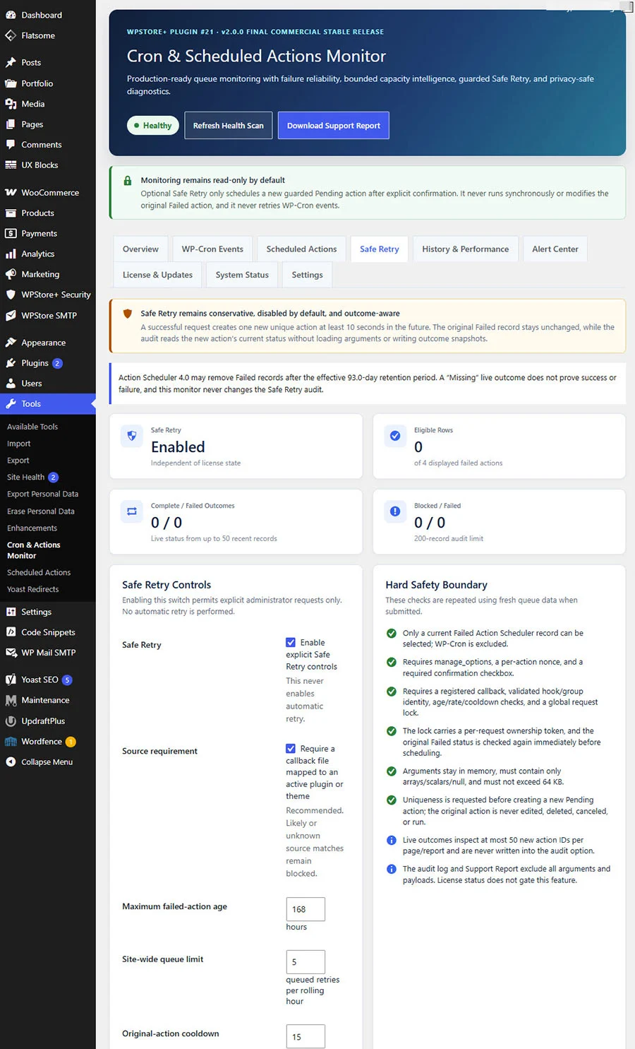 หน้าจอ Safe Retry แสดงการตั้งค่าความปลอดภัยและเงื่อนไขการสร้างงานใหม่จาก Failed Actions