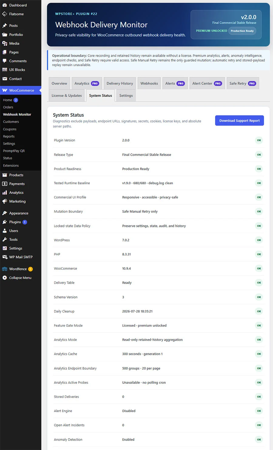หน้า System Status ของ Webhook Delivery Monitor v2.0.0 แสดงสถานะ WordPress, PHP, WooCommerce, Delivery Table และปุ่ม Download Support Report