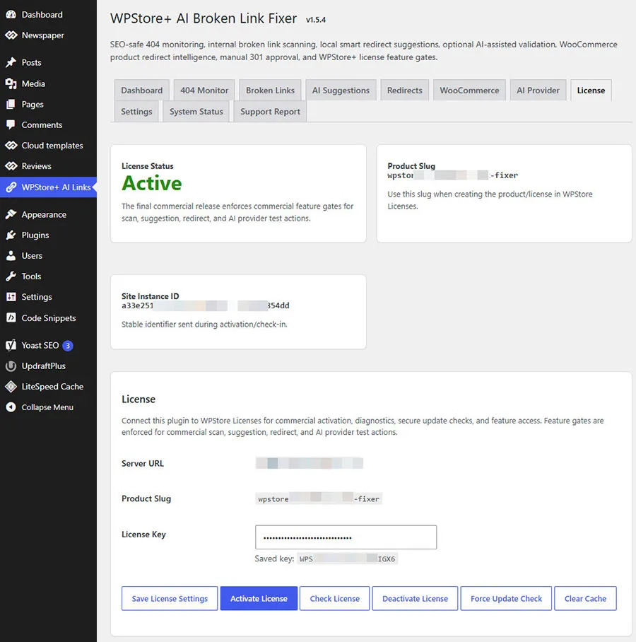 การเปิดใช้งานไลเซนส์ WPStore+ สำหรับ AI Broken Link Fixer