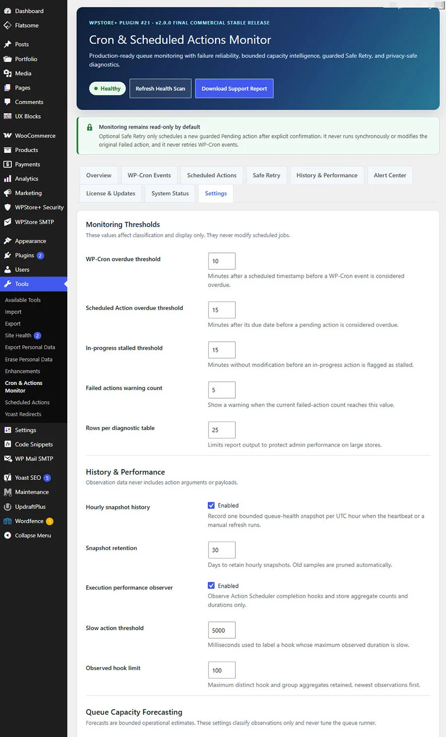 หน้าตั้งค่า Monitoring Thresholds สำหรับกำหนดเวลา Overdue จำนวน Failed Actions และ Snapshot Retention