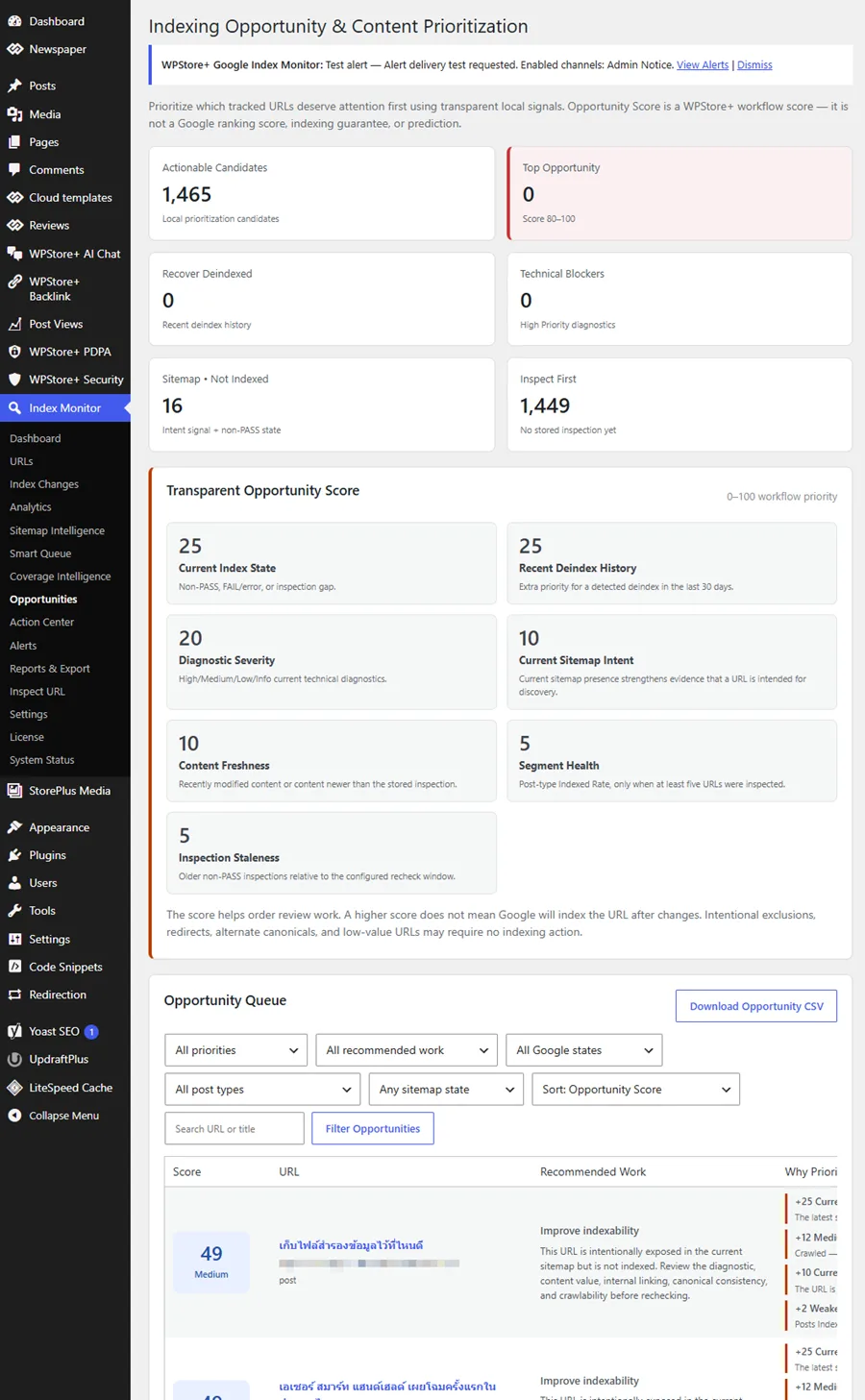 แดชบอร์ดโอกาสในการจัดทำดัชนีจัดอันดับ URL ของ WordPress ตามคะแนนโอกาส พร้อมการวิเคราะห์ การวิเคราะห์เจตนาของแผนผังเว็บไซต์ และปัจจัยความสดใหม่ของเนื้อหา