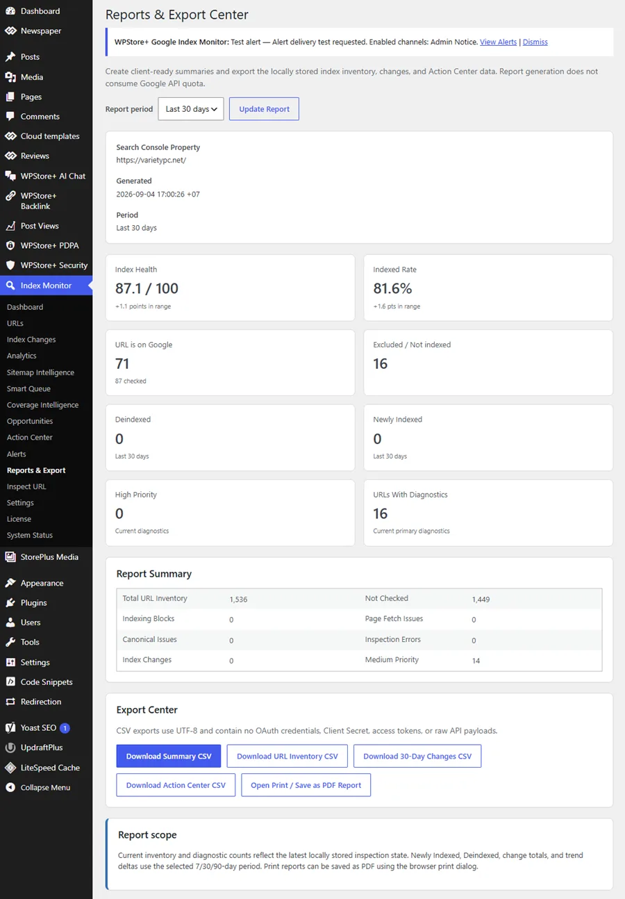 เครื่องมือแจ้งเตือนและรายงานของ Google Index Monitor สำหรับการตรวจจับการลบดัชนี ปัญหาการจัดทำดัชนี การส่งออก CSV และรายงานที่สามารถพิมพ์ได้