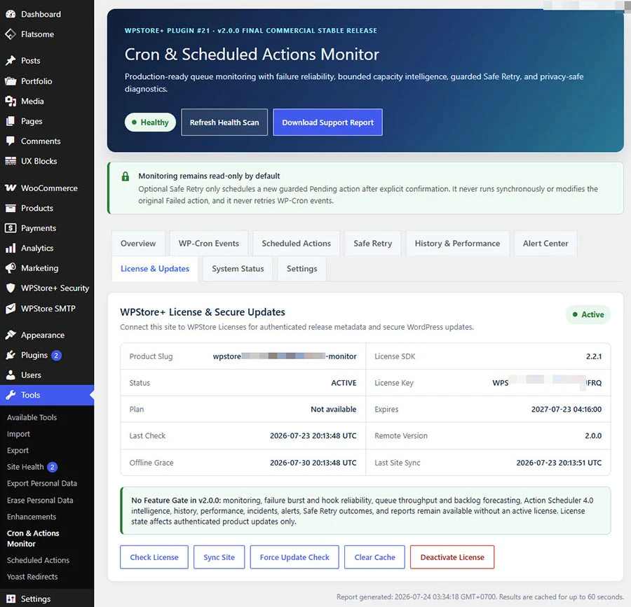 หน้าจัดการ WPStore+ License แสดงสถานะ Active เวอร์ชันปลั๊กอินและระบบ Secure Updates