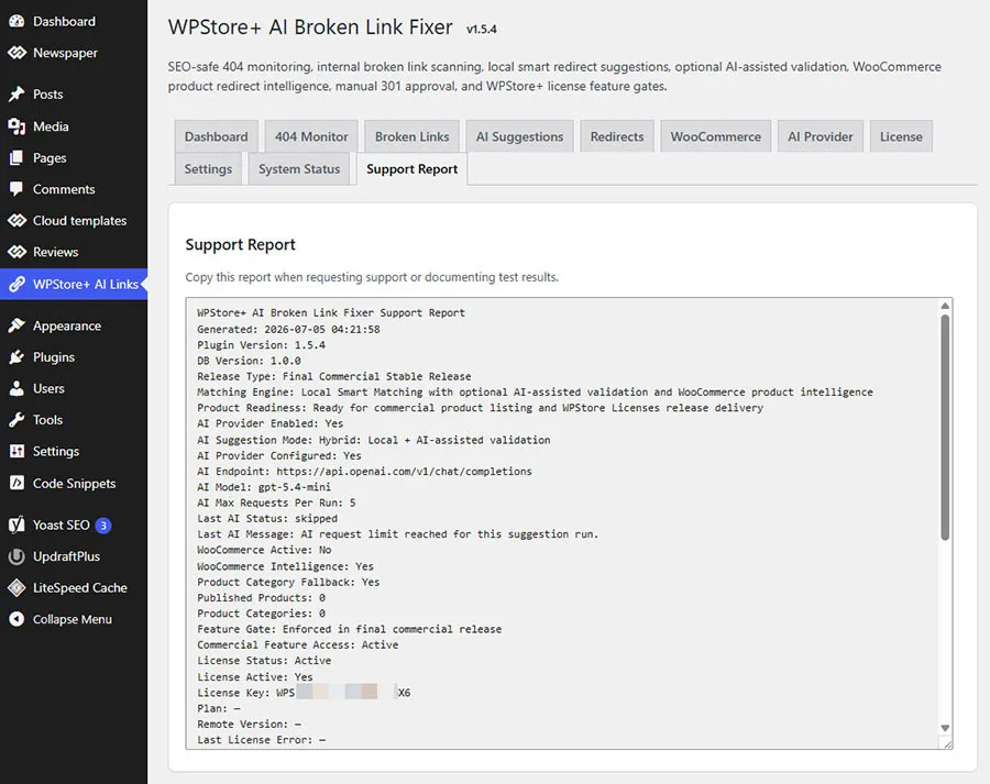 รายงานการสนับสนุนสำหรับ WPStore+ AI Broken Link Fixer