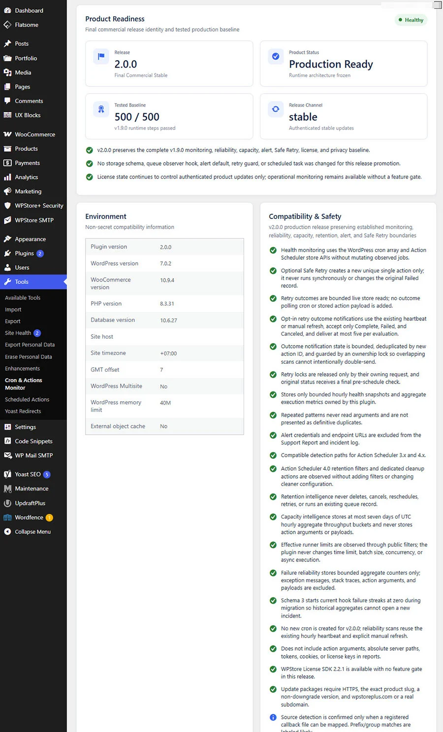 หน้า Product Readiness แสดง WPStore+ Cron Monitor v2.0.0 และข้อมูลความเข้ากันได้ของระบบ
