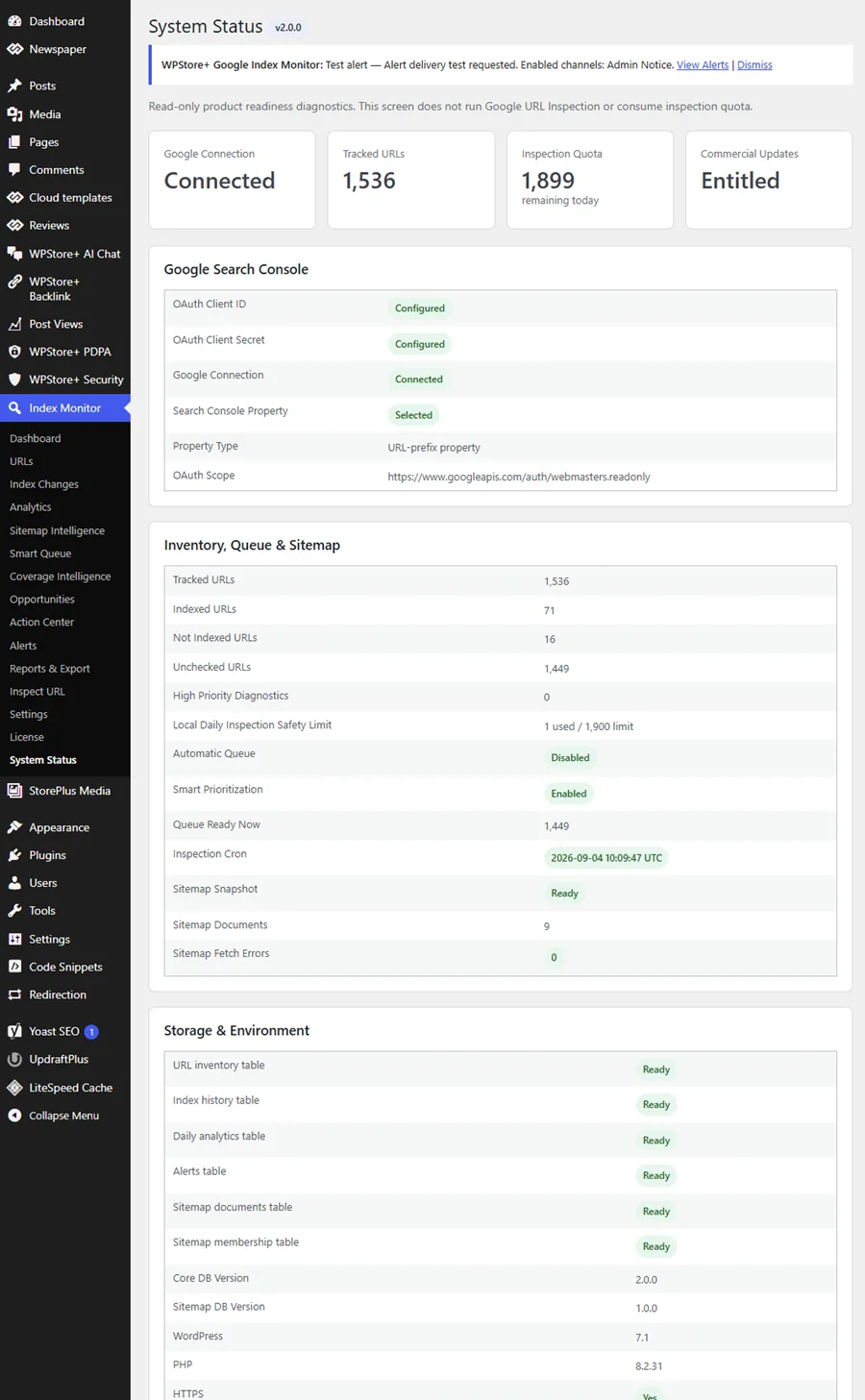 WPStore Google Index Monitor แสดงสถานะการเชื่อมต่อกับ Google, คิว (Queue), แผนผังเว็บไซต์ (Sitemap), ฐานข้อมูล, ใบอนุญาต และระบบอัปเดตต่างๆ