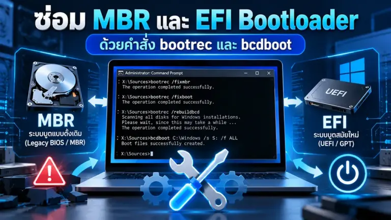 วิธีซ่อมแซม Master Boot Record (MBR) และ EFI Bootloader ด้วยคำสั่ง bootrec และ bcdboot
