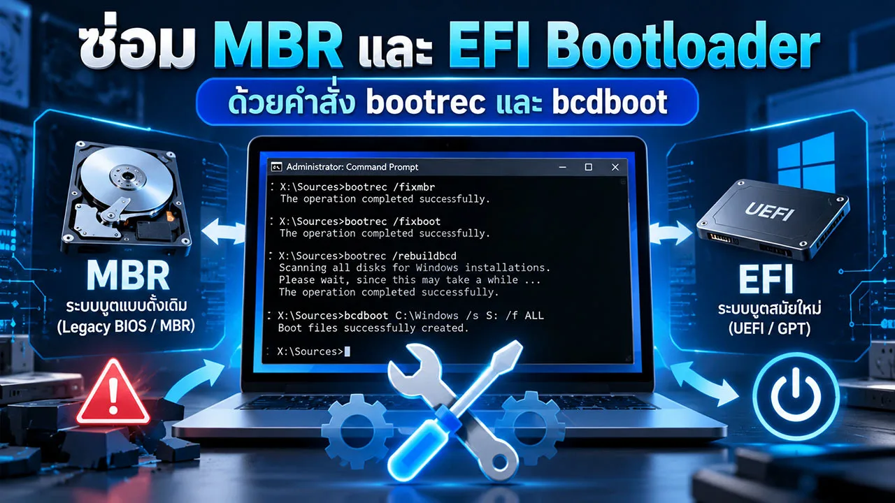 วิธีซ่อมแซม Master Boot Record (MBR) และ EFI Bootloader ด้วยคำสั่ง bootrec และ bcdboot