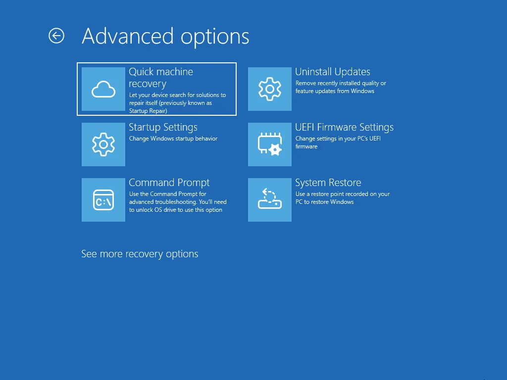หน้าจอ Troubleshoot ของ Windows 11 แสดงเมนู Reset this PC และ Advanced options สำหรับแก้ไขปัญหาและกู้คืนระบบ