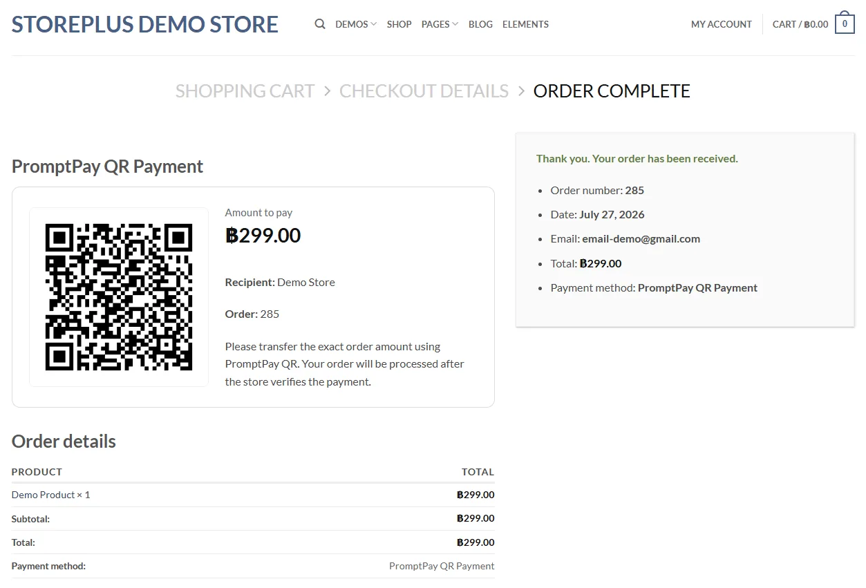 หน้ายืนยันคำสั่งซื้อ WooCommerce แสดง PromptPay QR Code พร้อมยอดชำระเงินและรายละเอียดคำสั่งซื้อผ่านปลั๊กอิน StorePlus Manual QR Gateway